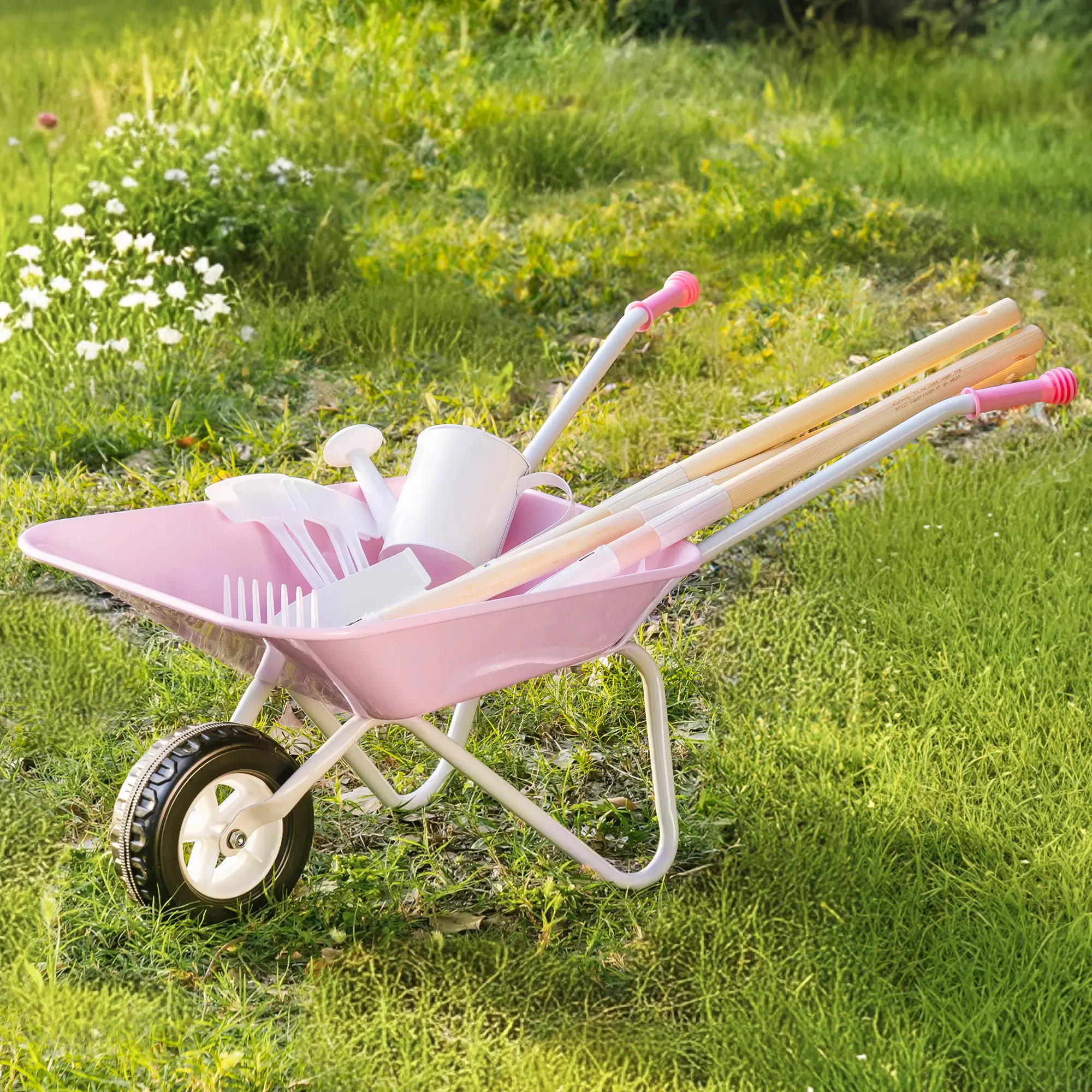 ROBUD Kids Wheelbarrow with Gardening Set, Metal Toddler Wheelbarrow with Shovel, Hoe, Broom & Gloves, Kid Gardening Set for Kid to be Closer to Nature