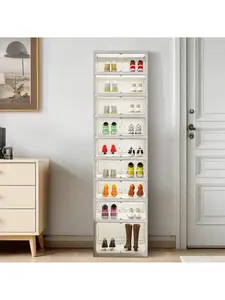 9-Tier Magnetic Folding Shoe Rack, PP+PS Plastic Stackable Load-Bearing Organizer, Multi-Level Shoe Storage System for Hallway, Closet