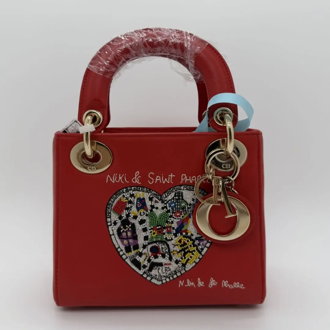 Pre-owned Dior Lady Mini Crossbody Handbag 3 Grid, Red Heart Bead Embroidered, With Strap, Limited Ed.