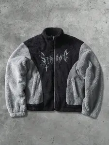 Gothic Color Block Plush Jacket Outerwear with Asymmetrical Design and Embroidery, Windproof Soft Fleece Coat for Cold Weather, Comfortable Casual Wear for Parties