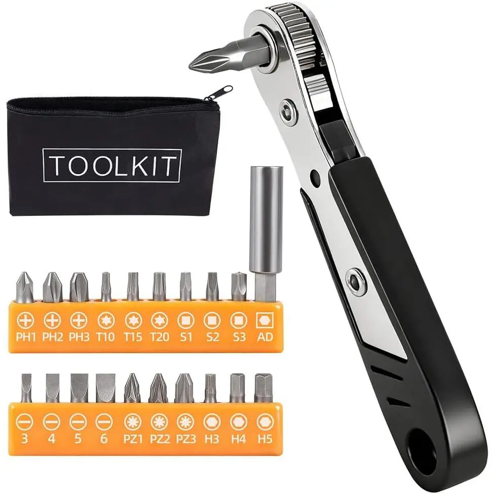 22-in-1 Right Angle Mini Screwdriver Set with 36-Ratchet, 90° Offset Bit Holder Lock for Tight Spots, Compact for DIY/Repairs, Gifts for Men, Bikes & Appliances