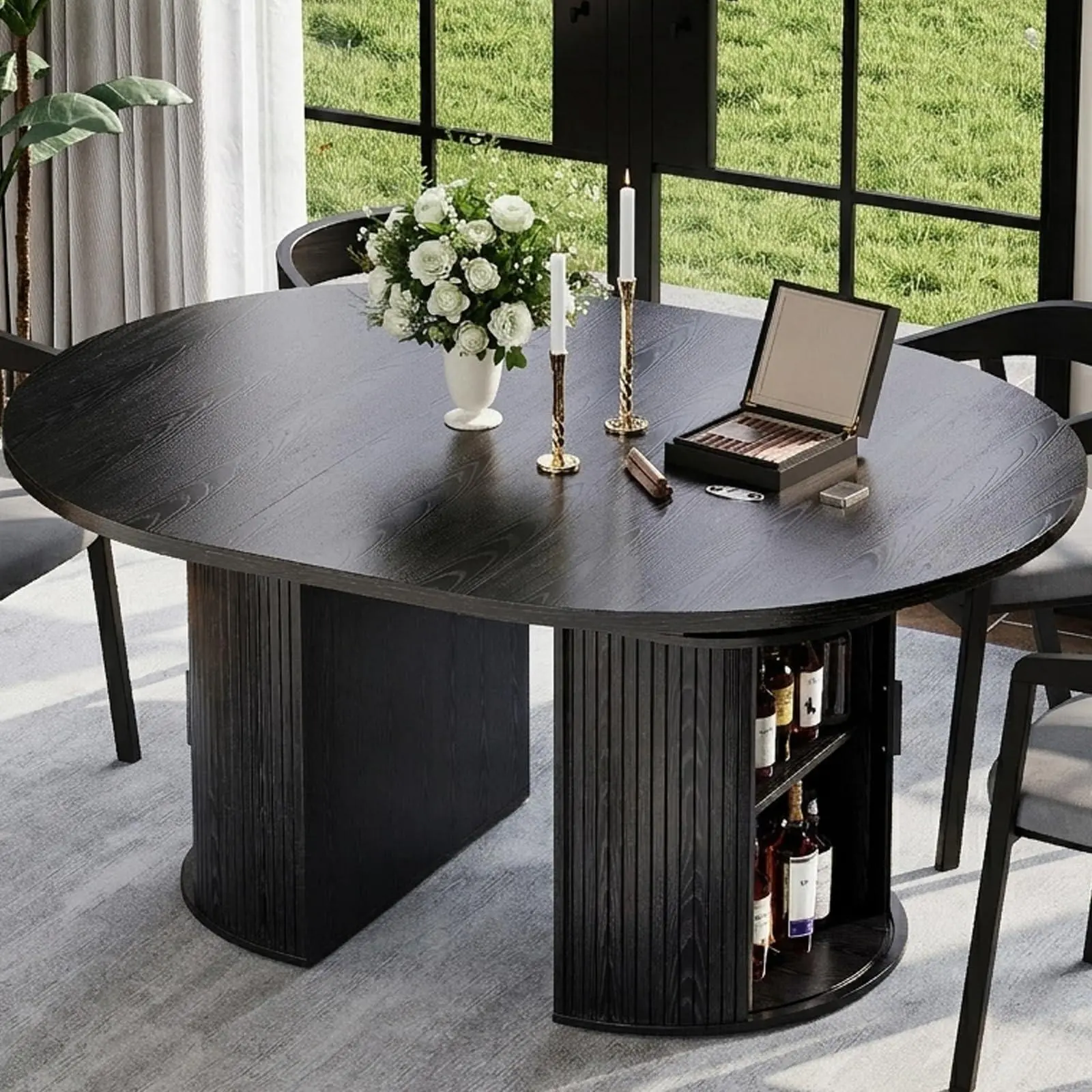 63" Round Expandable Outdoor Dining Table with 4-6 Seats, Hidden Storage, Sliding Doors, Open Shelf, and Matte Black Oval Pedestal Base