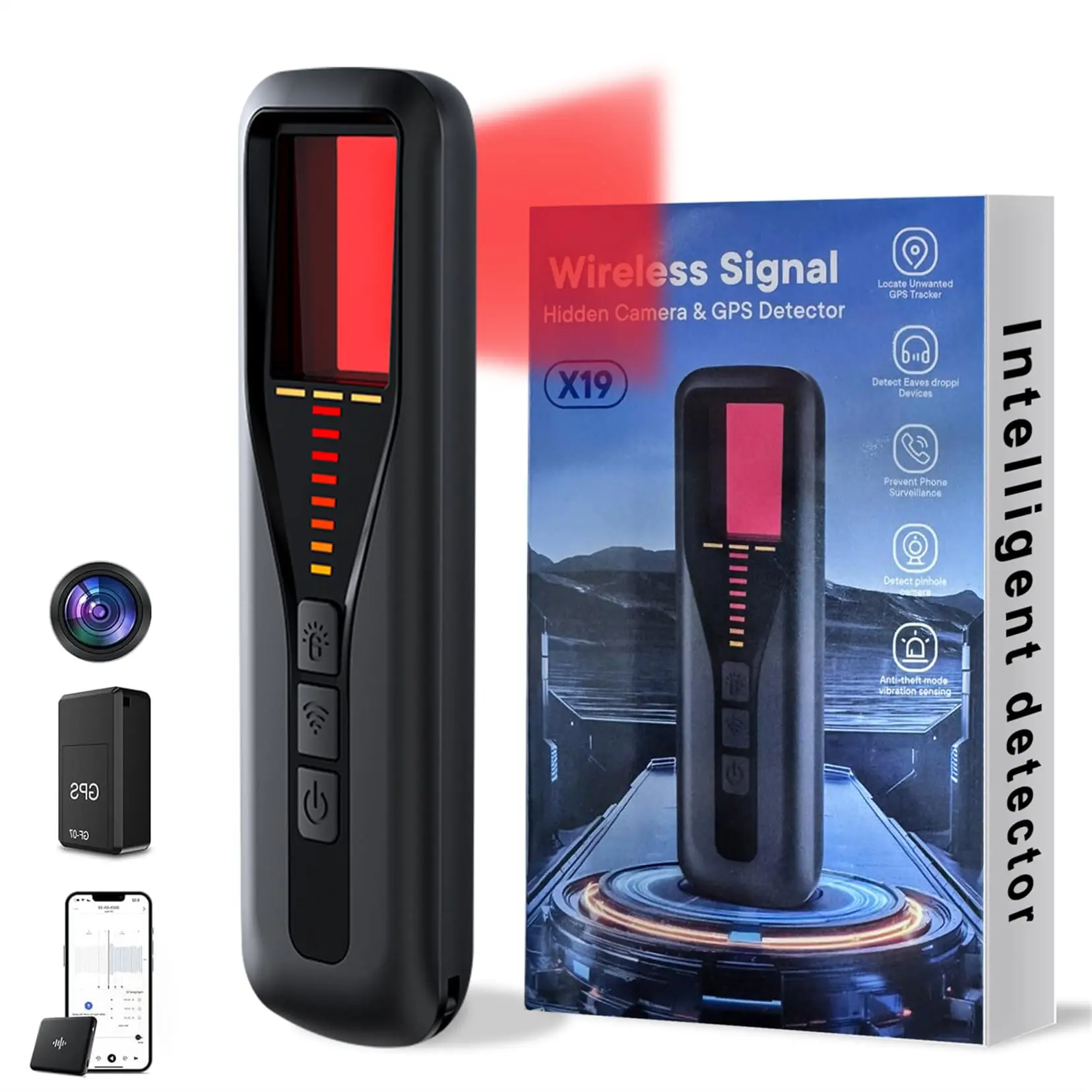 Black 2026 7-in-1 Hidden Camera Detector, Anti-Spy GPS Tracker Detector with 6-Mode Detection, 5-Level Sensitivity Adjustment, 1000mAh Rechargeable Battery for Travel, Hotel Use Device