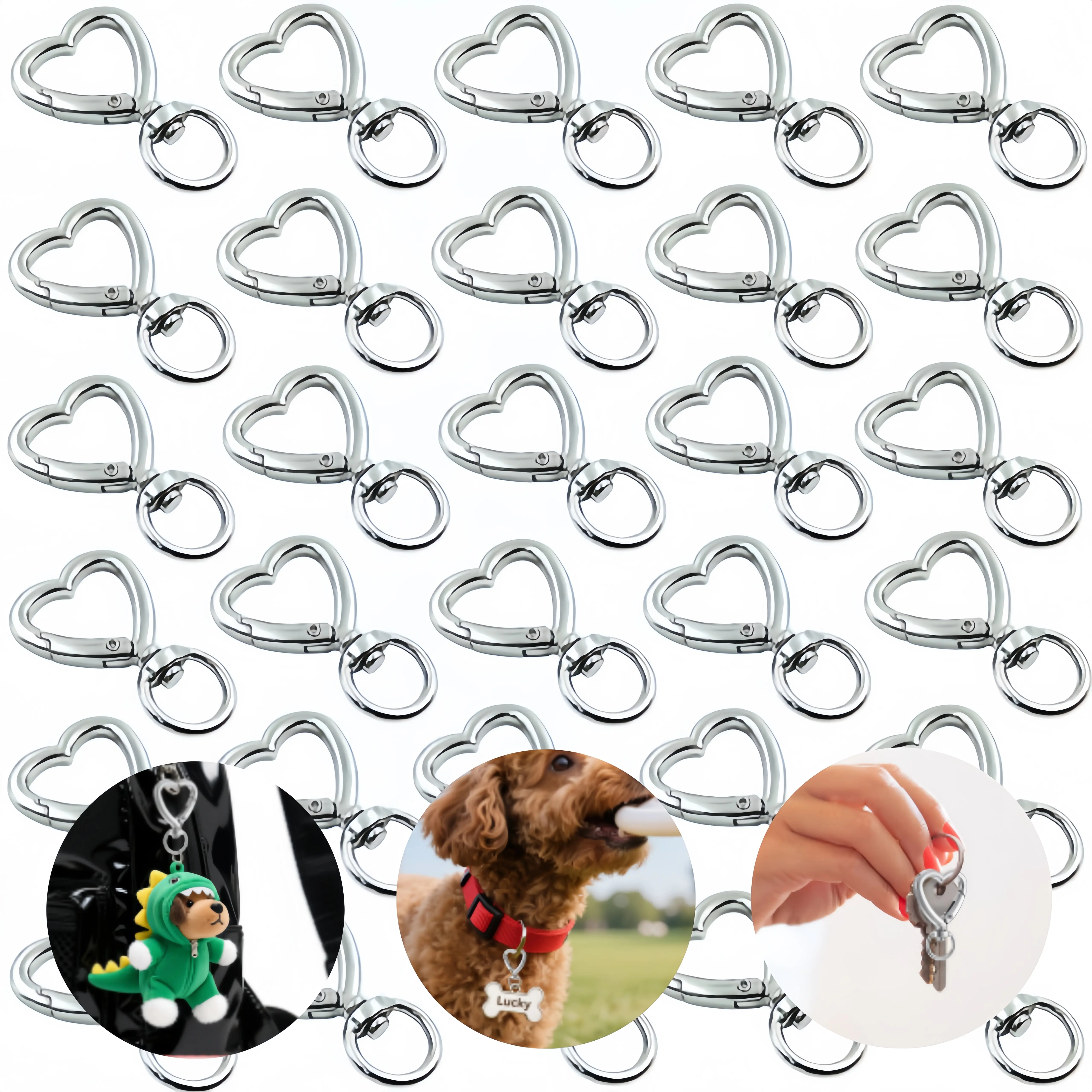 30 PCS Heart Keychain Set with Spring Snap Hook - Valentine's Day Gift for Her,Doll Pendant , DIY Key Rings for Keys Backpack Luggage Tag Bulk Charms Accessories, Spring Snap Hook Key Ring 360°Swivel Metal Key Chain Clip Hook Claw Clasp (silvery)