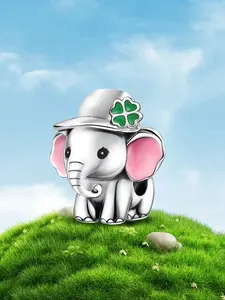 1Pc New Design Baby Elephant Wearing Four-Leaf Clover Hat Beaded Charm DIY Jewelry Making Kit Suitable for Bracelet Creative Craft Materials Holiday Gift Pendant Women Birthday Gift Daily Wear Accessories