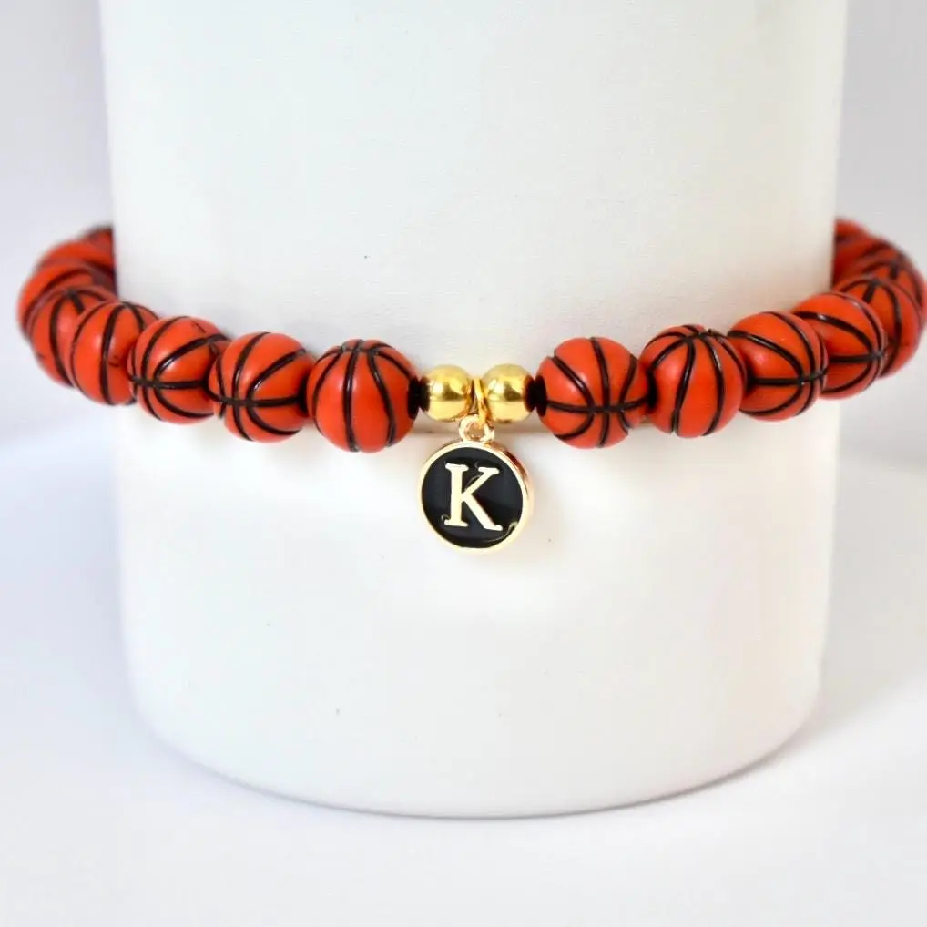 Basketball Initial Charm Bracelet, Bead Letter Design, Casual Sport Accessory, Watch Party Game Day Gift for Sports Enthusiasts, Slip-On Ease