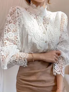 Women's Vintage Polyester Lace Shirt, Loose Casual Long Sleeve Top, Hollow Crochet Flower Pattern, Comfortable Daily Wear