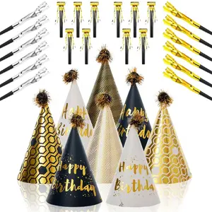 Shiny Premium Golden Paper Party Hat Kit - 30-Pack Fashion Accessory Set, 8 Cone Hats & 22 Noisemakers, Durable Cardstock, Comfortable for Photo Indoor/Outdoor Events