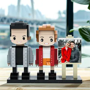JollyJubilant Sweet Couple Gift Full Body Customizable Round Face 2 People with Photo Frame My Custom Brickfigure Granules with Easel Personalize Building Block Character
