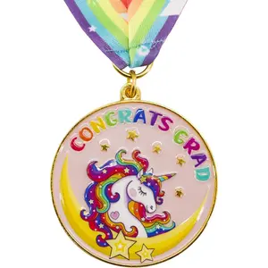 Kindergarten Preschool Graduation Medal with Rainbow Neck Ribbon, Kids Students Award Medallion Party Decoration Graduate Gift 2 Inches