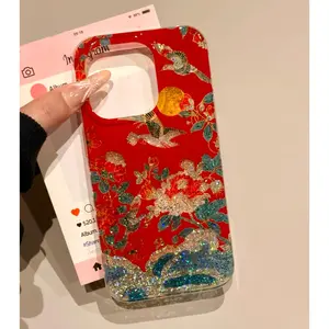 Chinese Guochao Peony & Magpie Phone Case for use with iphone 17 air 16 pro max 15 plus 14 pro 13/12/11 X/XS XSMAX artistic fresh aesthetic trendy phone cases holographic luxury phone case Y2K water glitter