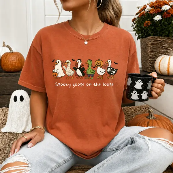 Comfort Color Spooky Goose on the Loose T-Shirt, Halloween Goose Graphic Tee, Funny Fall Shirt, Cute Spooky Season Apparel, Vintage Autumn Gift for Women Gift For Her