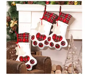 Pet Dog Christmas Stocking with Large Paw, Plaid Design for Festive Decorations, 18 x 11 Inches, Red Gift Friend