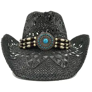 Ethnic Cowboy hat Black retro straw hat 2025 new men's and women's jazz Cowboy hat straw hat sun hat summer hat sombrero