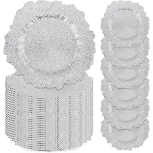 24 Pcs Silver Charger Plates Bulk, 13" Plate Chargers for Dinner, Plastic Floral Decorative Plates for Table Setting Wedding Party Event Decoration