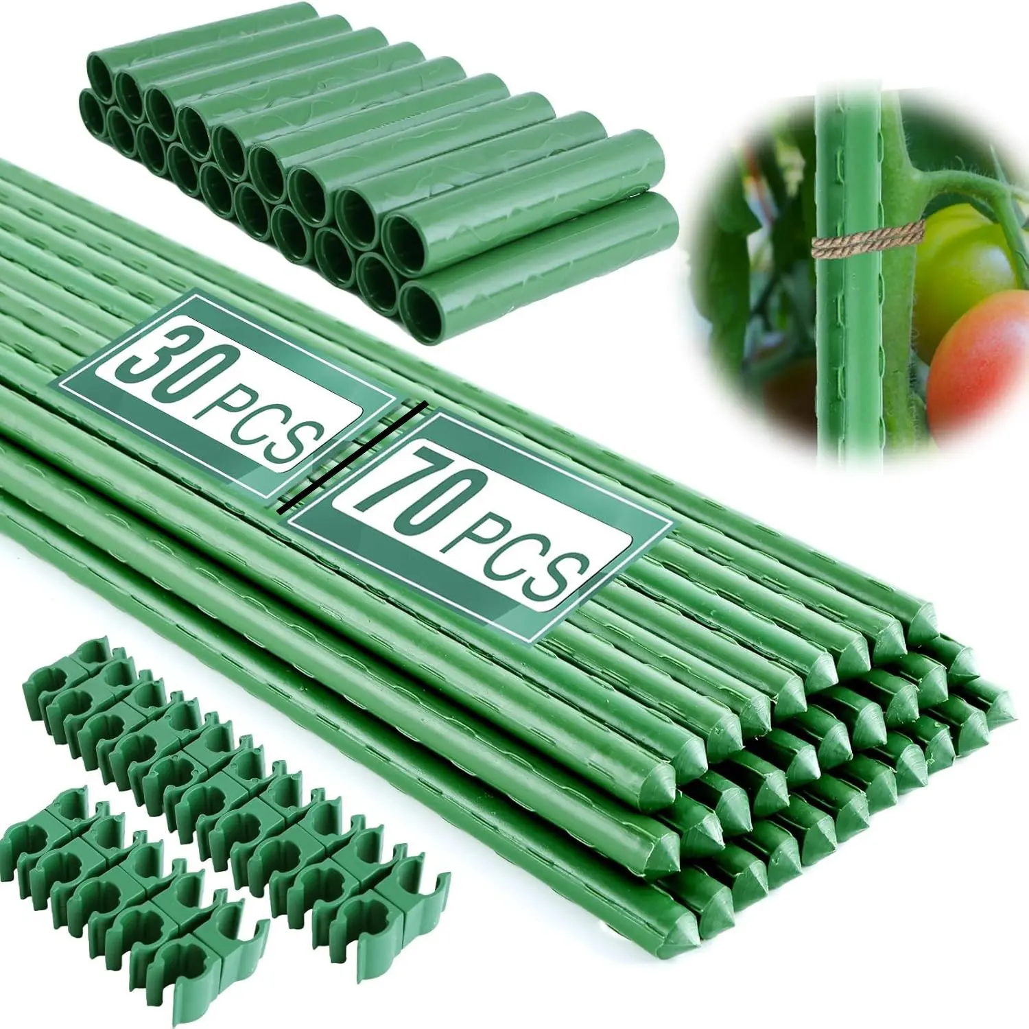 Garden Stakes 16 Inch Height 30/70 Pack, DIY Tomato Stakes, Vegetable Garden, Plastic Coated Metal, Durable, Rotatable Clips, Indoor Outdoor Plant Supports