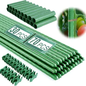 Garden Stakes 16 Inch 30/70 Pack, DIY Tomato Stakes, Plastic Coated Metal, Rotatable Clips, Indoor Outdoor Plant Supports