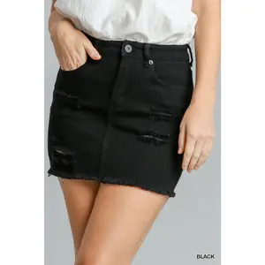 Umgee Distressed Raw Hem High Waist Denim Skirt - Black Stretchy Cotton Blend Mini Skirt with Button & Zip Closure for Casual Street Style