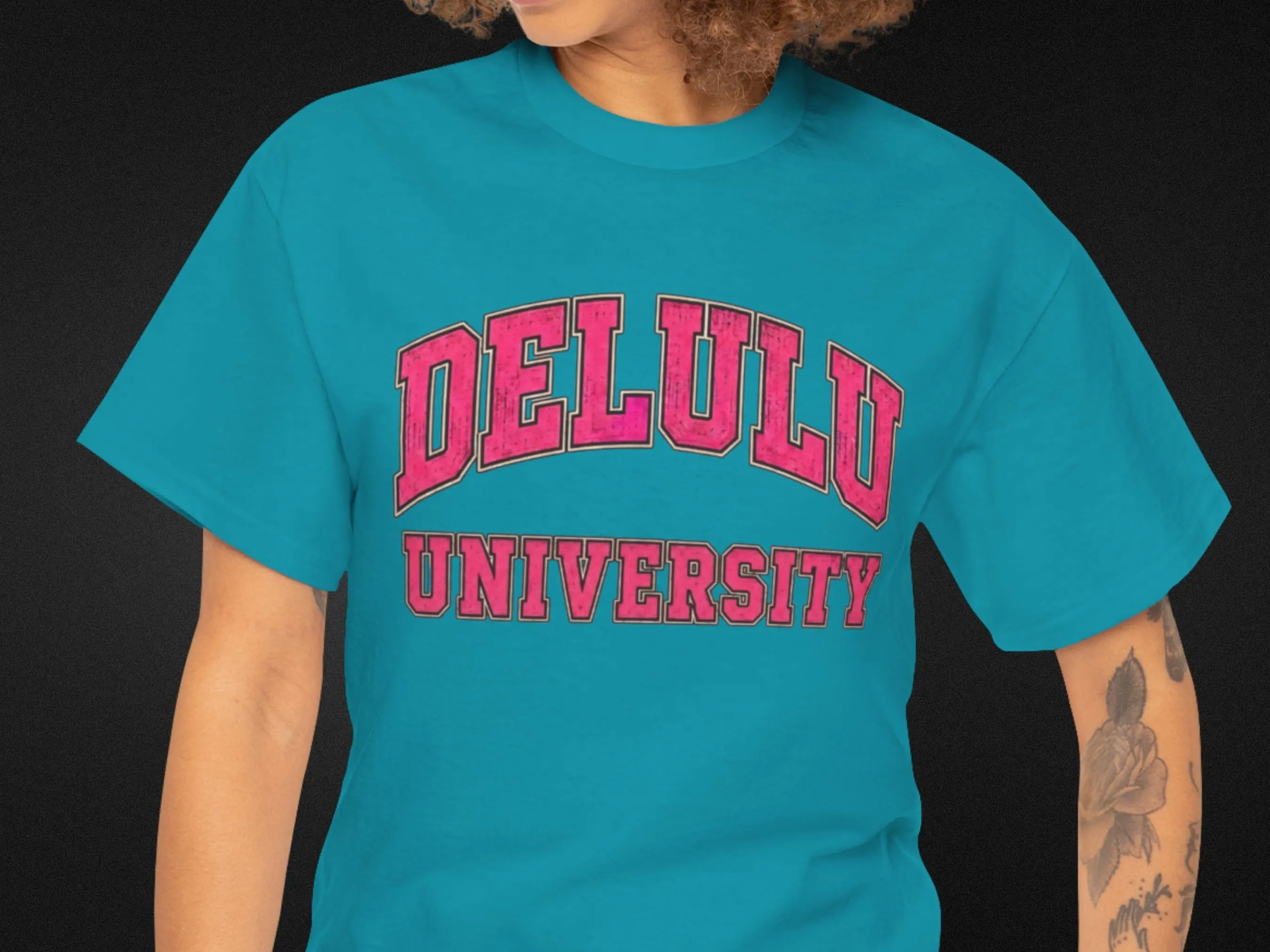 Delulu University T-Shirt | Trendy Y2K Varsity Aesthetic Tee | Distressed Pink Graphic Top | Coquette Streetwear Varsity Crewneck Shirt