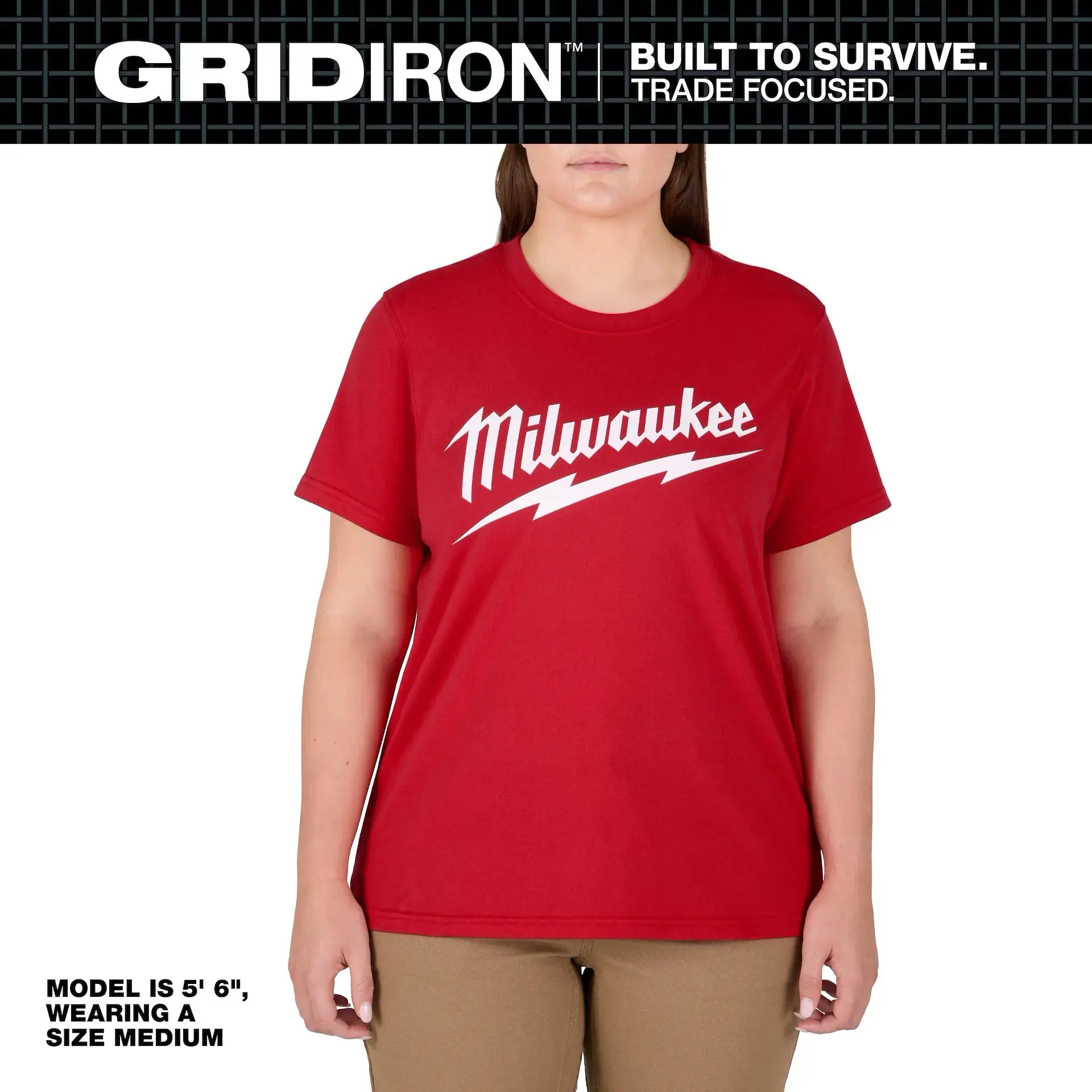 Milwaukee F453R Women's Red Graphic Crew Neck Breathable Loose-Fitting Cotton Short-Sleeve Moisture-Wick All-Seasons Relaxed Casual Top - Suitable for Work Wear