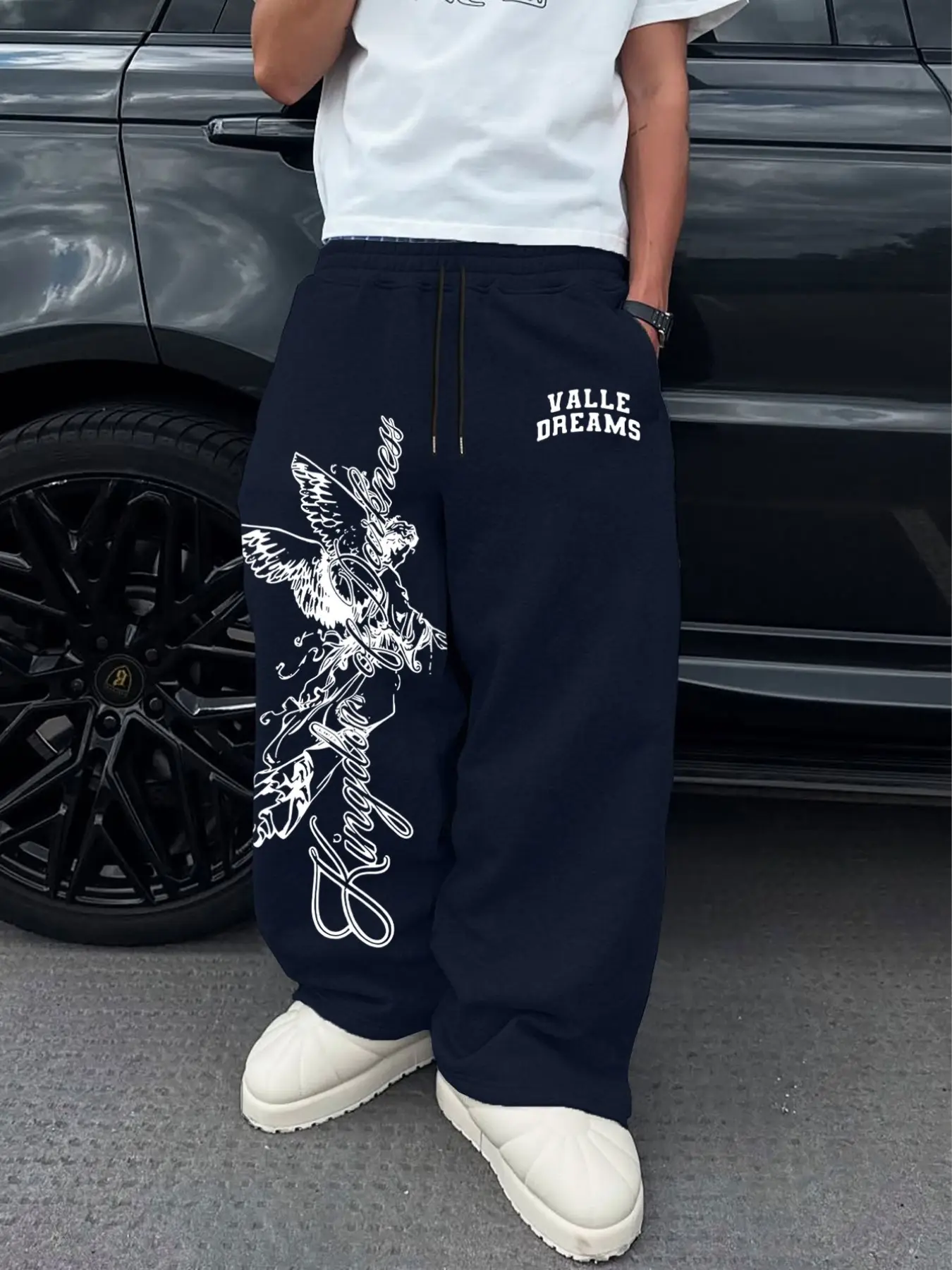 Men's Casual Long Pants, Drawstring Waist Straight Leg, Angel Print, Comfortable Daily Wear, All Seasons, Sporty & Leisure Style, Casual Streetwear Trousers, Adjustable Waist Trousers, Chill Casual Pants