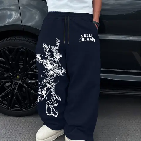 Men's Casual Long Pants, Drawstring Waist Straight Leg, Angel Print, Comfortable Daily Wear, All Seasons, Sporty & Leisure Style, Casual Streetwear Trousers, Adjustable Waist Trousers, Chill Casual Pants, Casual Comfy Pants