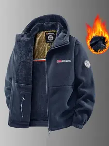 Men's Heavyweight Double Sided Fleece Jacket with Full Zip Closure & Hood Thick Winter Warm Coat, Multi Pocket Design, Machine Washable Polyester for Camping, Hiking, Outdoor Activities Durable Casual Outerwear Non Stretch Fabric Embroidery Detail