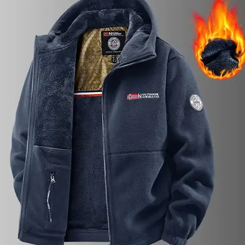 Men's Heavyweight Double Sided Fleece Jacket with Full Zip Closure & Hood Thick Winter Warm Coat, Multi Pocket Design, Machine Washable Polyester for Camping, Hiking, Outdoor Activities Durable Casual Outerwear Non Stretch Fabric Embroidery Detail