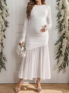 BELLAdresses Maternity Elegant Round Neck Long Sleeve Long Pregnancy Dress For Festivals, Youthful And Sophisticated Style, For Party