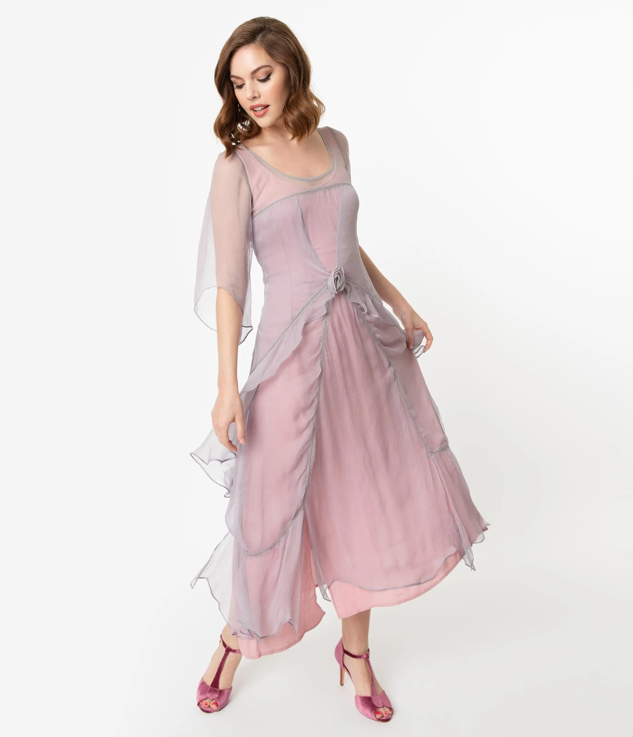 Nataya Vintage Style Mauve & Pink Chiffon Sleeved Edwardian Dress