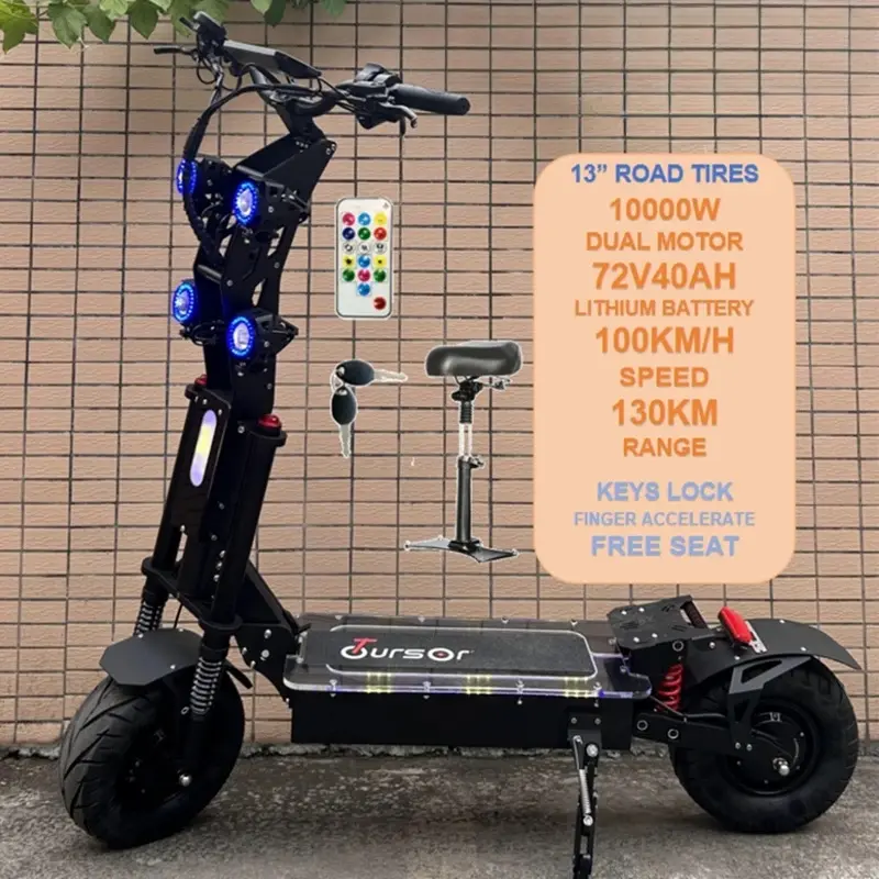 13" High-Power Electric Scooter for Adults, 10000W Dual Motor, 72V/60V, 100KM/H Speed, 130KM Range, Oil Braking System, Key Lock, Throttle Accelerator, Free Seat, Vacuum Tires, Commuter Scooter