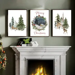 3pcs Winter Country Pine Tree Christmas Landscape Canvas Art with Wooden Frame, Wooden Wall Art, Bedroom Living Room Decoration, Holiday Gift