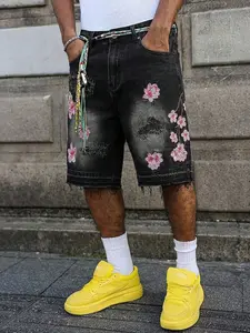 Vintage Washed Cherry Blossom Embroidered Jeans, Streetwear Loose Fit Straight Leg Five-Quarter Shorts, Trendy Fashion Bottoms