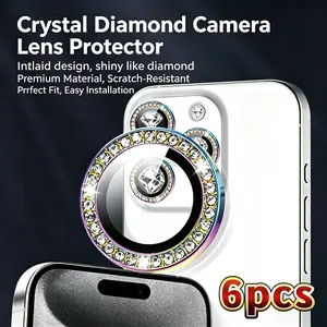 6-Pack Crystal Diamond Camera Lens Protector, 9h Hardness Tempered Glass, Scratch-Resistant, HD Clear, for iPhone Models, Multiple Colors