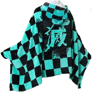 Demon Slayer Blanket Hoodie Throw Blanket Cloak Cosplay Costume Shawl Wrap Nap Quilt 3D Printed Wearable Hooded Blanket for Office Work & Camping