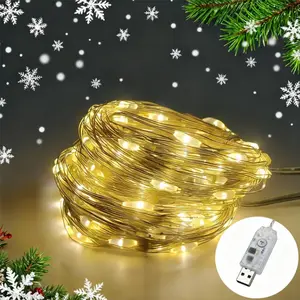 8-function USB Copper Wire Light String - Christmas Decoration Lights - White, Warm White, Bright Light - 10m, 100 Bulbs - Remote Control LED Lights for Festive Setup