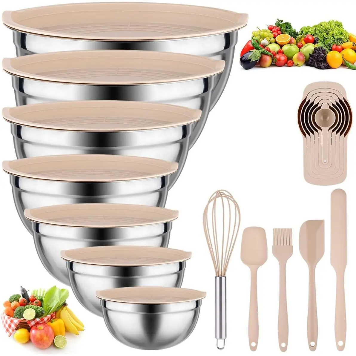 Sturdy 25-Piece Khaki Nesting Mixing & Serving Bowls Tableware Set - Multi-Size Stainless Steel with Lids, 11 Cooking Utensils, Egg Tool, for Baking/Prepping (0.7 qt,1.1 qt,1.7 qt,2.3 qt,2.8 qt,3.7 qt,5 qt) Indoor Recreation Kitchenware Father's Day Gift,