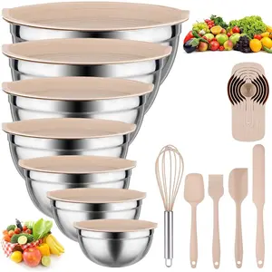 Mixing Bowls with Lids set - 25 PCS Stainless Steel Nesting Khaki Mixing Bowls Set for Baking,Mixing,Serving & Prepping,Size 5, 3.7, 2.8, 2.3, 1.7, 1.1, 0.7QT, 11 Cooking Utensils