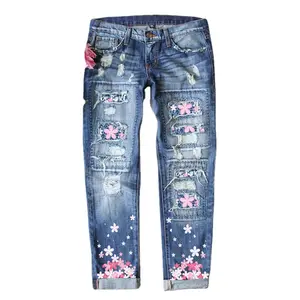 Floral Printed Fabric Patchwork Flared Jeans Women's Fashion Street Style Mid Waist Washed Cotton Denim Trousers with Distressed Details