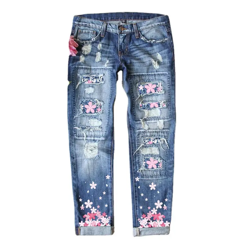 Floral Printed Fabric Patchwork Flared Jeans Women's Fashion Street Style Mid Waist Washed Cotton Denim Trousers with Distressed Details