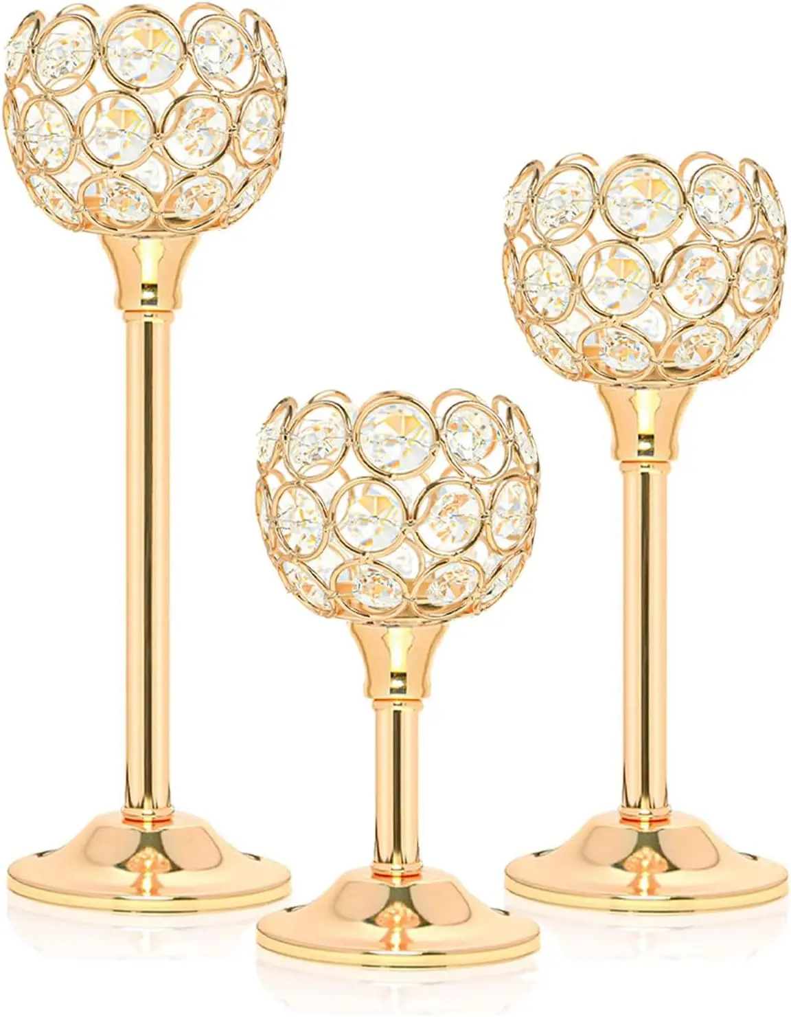 3 Pcs Tall Crystal Votive Candle Holders Elegant Metal Tealight Candlestick, Bling Bowl Candelabras Table Decor Centerpiece