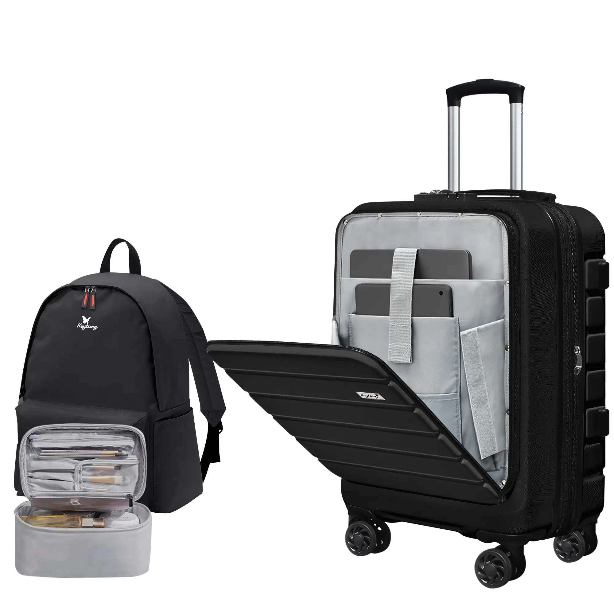 KEYTANG Luggage 20 Inch Carry on Expandable Spinner Suitcase Front Pocket with travel Backpack and Cosmetic Makeup Bag