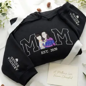Embroidered Custom Mom Photo Portrait, Personalized Crewneck Mama And Daughter Photo Hoodie, Mother’s Day Crewneck, Gift for Mom