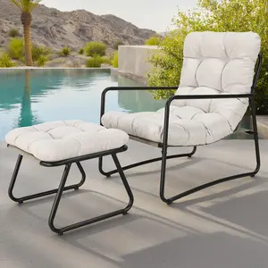 SEEHILL Patio Chair with Ottoman, Comfy Sling Lounge Chair with Puffy Cushion and Foot Stool,  Rust-resistant, Quick-Assembly Modern Patio Lounge Set, Lawn Set for Porch, Living Room, Balcony, Garden, Off White & Gray