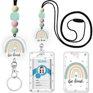 HY-KC086 Rainbow Be Kind Teacher Lanyards for ID Badges and Keys, Cute Silicone Beaded Breakaway Lanyard for Women Nurses Educators School, Keychain with Name Tag Badge Holder