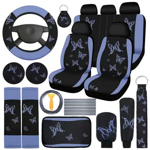 41pcs Butterfly Pattern Car Seat Cover Interior Sets, Car Seat Covers, Steering Wheel Covers, Armrest Pads, Shoulder Pads, Gear Lever Cover，Handbrake Cover, Wristbands, Keychains, Fashionable Women's Car Accessories, Car Interior Accessory