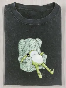 1 piece, 230g washed, frog sitting sofa printed T-shirt, high-quality batik cotton retro fashion brand T-shirt, a certain thickness is suitable for summer T-shirts, holiday gifts