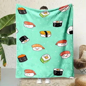 Cozy Cartoon Sushi Print Flannel Throw Blanket - Soft, Reversible, Perfect for Couch, Bed, Office Naps & Travel - Unique Gift Idea, Wearable Blanket
