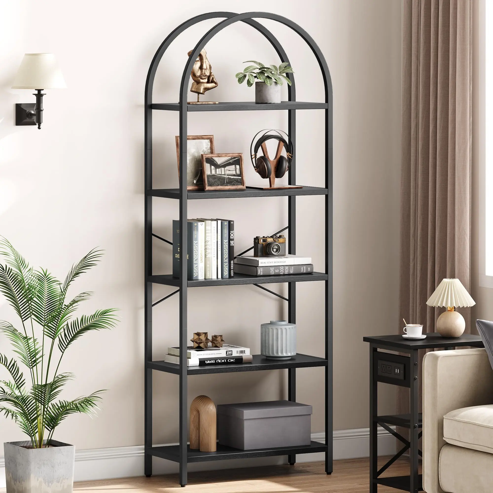 Modern Arched 5-Tier Steel Bookcase - Tall Metal Bookshelf with Display Racks for Home Office, Living Room & Bedroom
