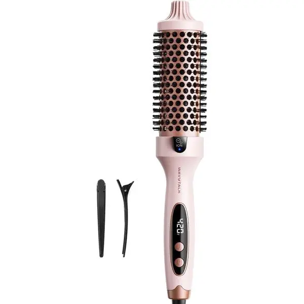 Wavytalk Thermal Brush Blowout Boost 1.5″ Heat Round Brush for Blowout Look | Negative Ion Technology, Tourmaline Ceramic, 5 Temperature Settings Dual Voltage, Less Damage, Sakura Pink